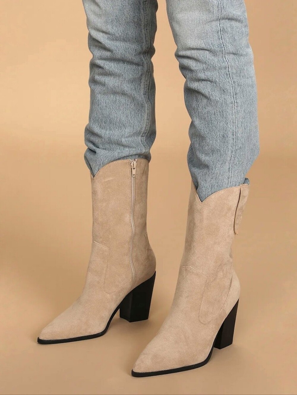 Lulus Levii Light Nude Suede Mid-Calf Pointed-Toe Boots western women's size 11
